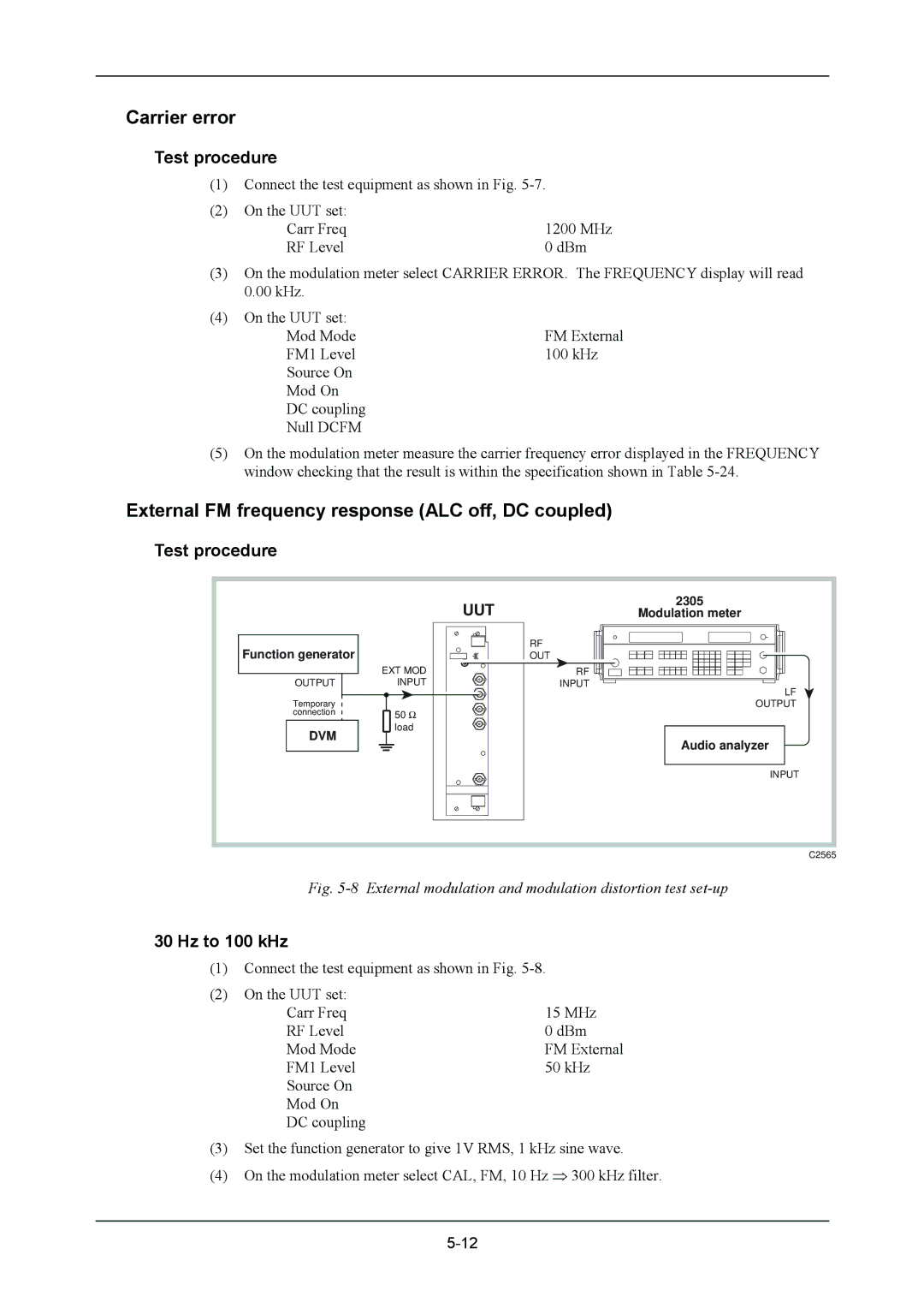 VXI 3002 manual Carrier error, External FM frequency response ALC off, DC coupled, Hz to 100 kHz 