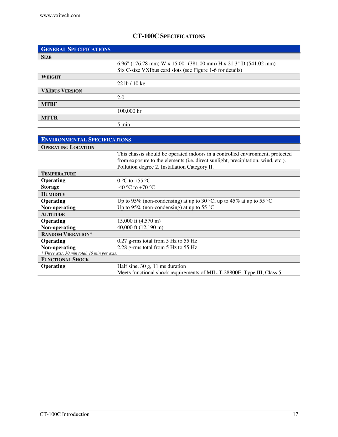 VXI CT-100C Series Six-Slot VXIBus Chassis, 82-0102-000 user manual CT-100C Specifications, Mtbf, Mttr 