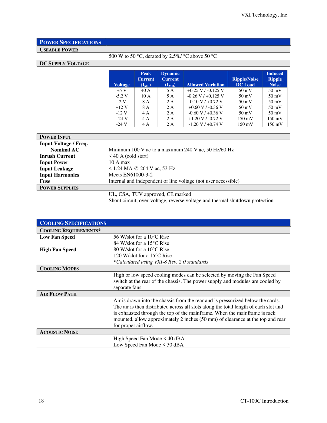 VXI 82-0102-000, CT-100C Series Six-Slot VXIBus Chassis user manual Input Voltage / Freq 