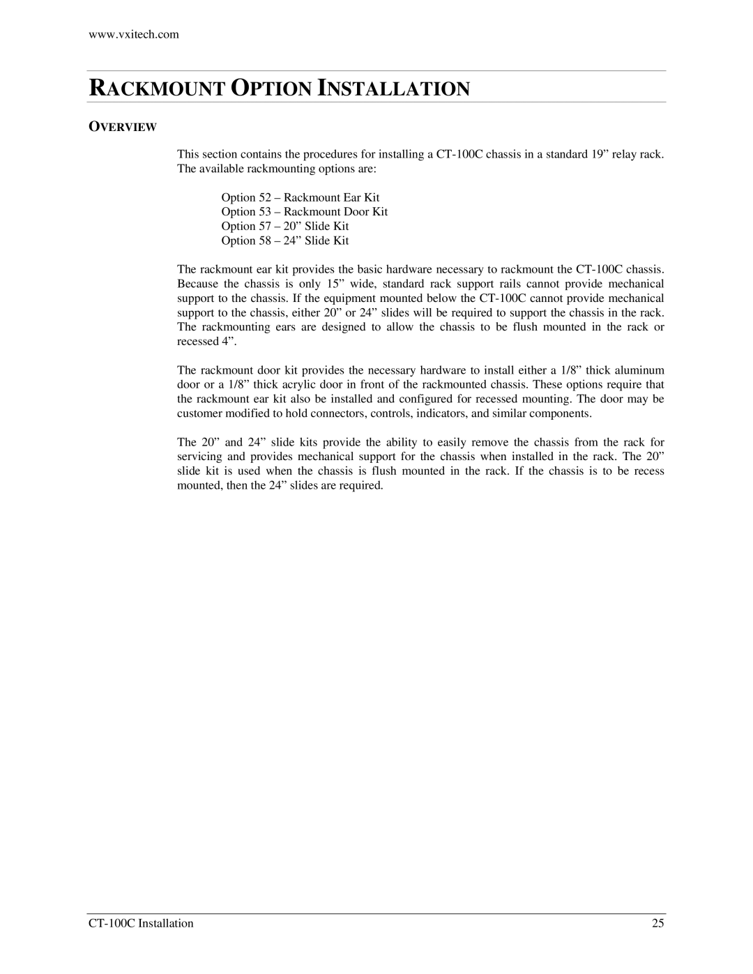 VXI CT-100C Series Six-Slot VXIBus Chassis, 82-0102-000 user manual Rackmount Option Installation, Overview 