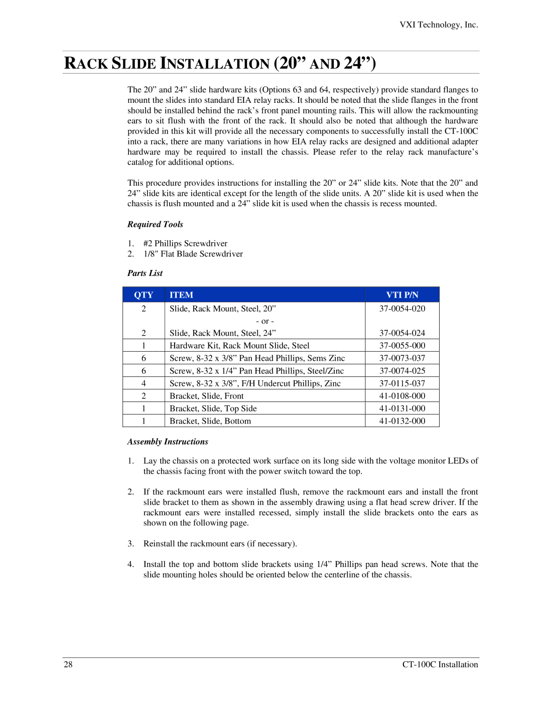 VXI 82-0102-000, CT-100C Series Six-Slot VXIBus Chassis user manual Rack Slide Installation 20, Assembly Instructions 