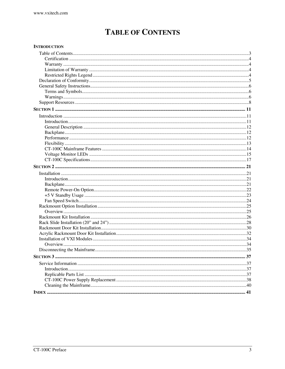 VXI CT-100C Series Six-Slot VXIBus Chassis, 82-0102-000 user manual Table of Contents 