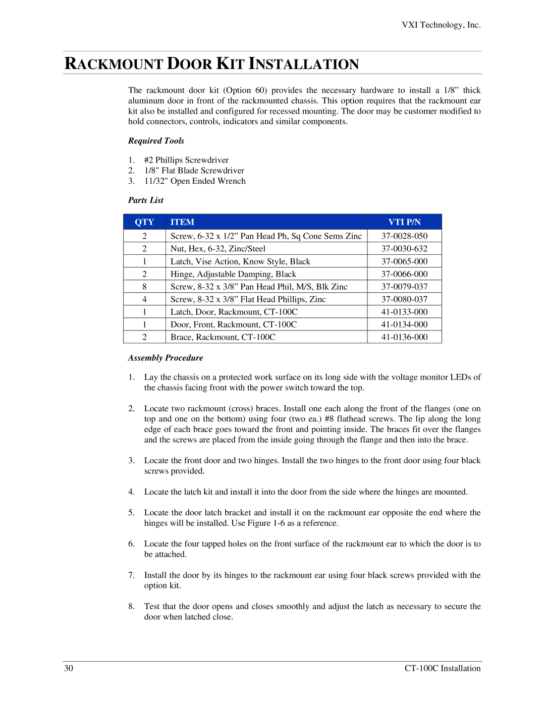 VXI 82-0102-000, CT-100C Series Six-Slot VXIBus Chassis user manual Rackmount Door KIT Installation 