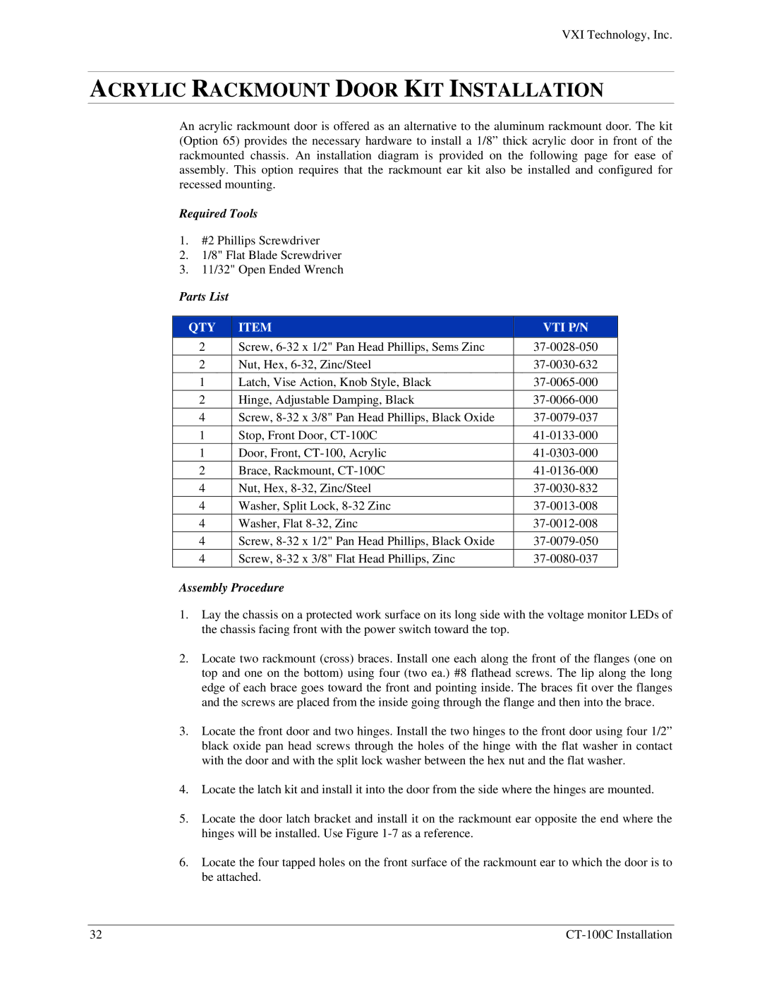 VXI 82-0102-000, CT-100C Series Six-Slot VXIBus Chassis user manual Acrylic Rackmount Door KIT Installation 