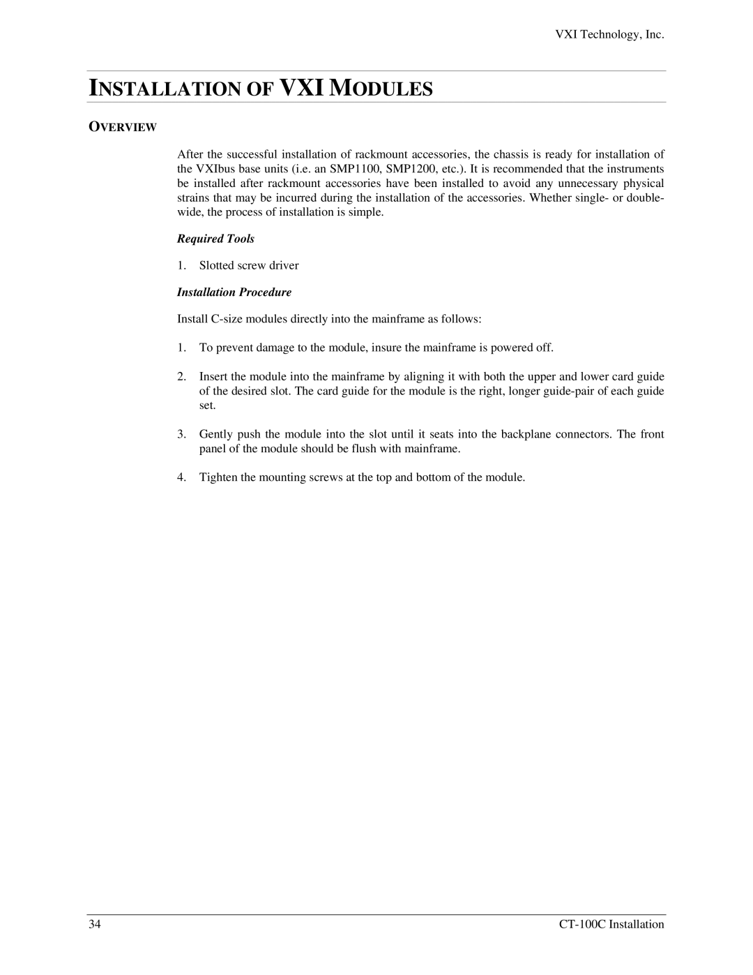 VXI 82-0102-000, CT-100C Series Six-Slot VXIBus Chassis user manual Installation of VXI Modules, Installation Procedure 