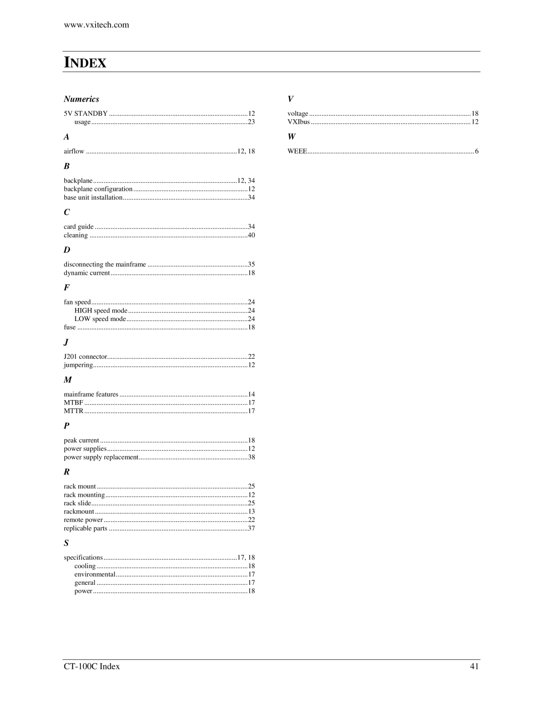 VXI CT-100C Series Six-Slot VXIBus Chassis, 82-0102-000 user manual Index 