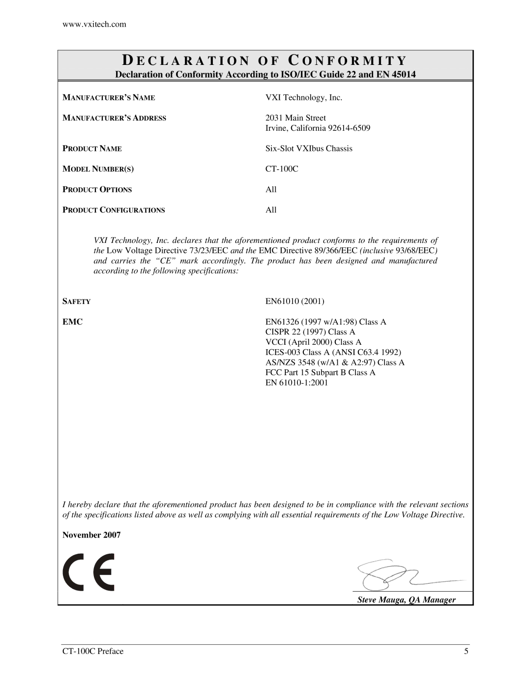 VXI CT-100C Series Six-Slot VXIBus Chassis, 82-0102-000 user manual C L a R a T I O N O F C O N F O R M I T Y, Emc 