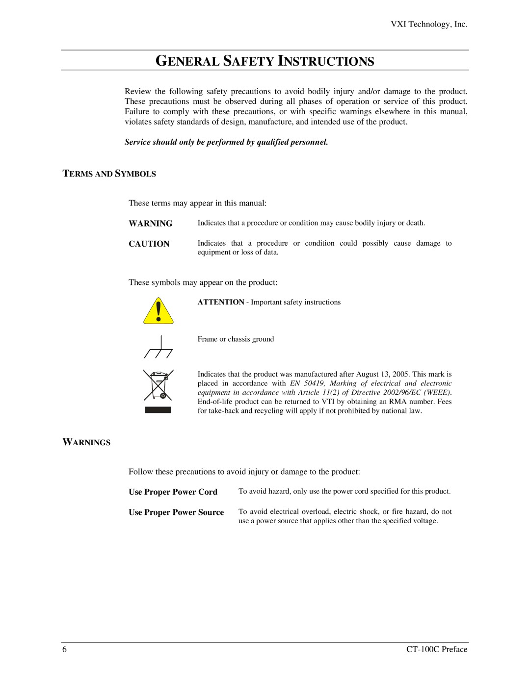 VXI 82-0102-000, CT-100C Series Six-Slot VXIBus Chassis user manual General Safety Instructions, Terms and Symbols 