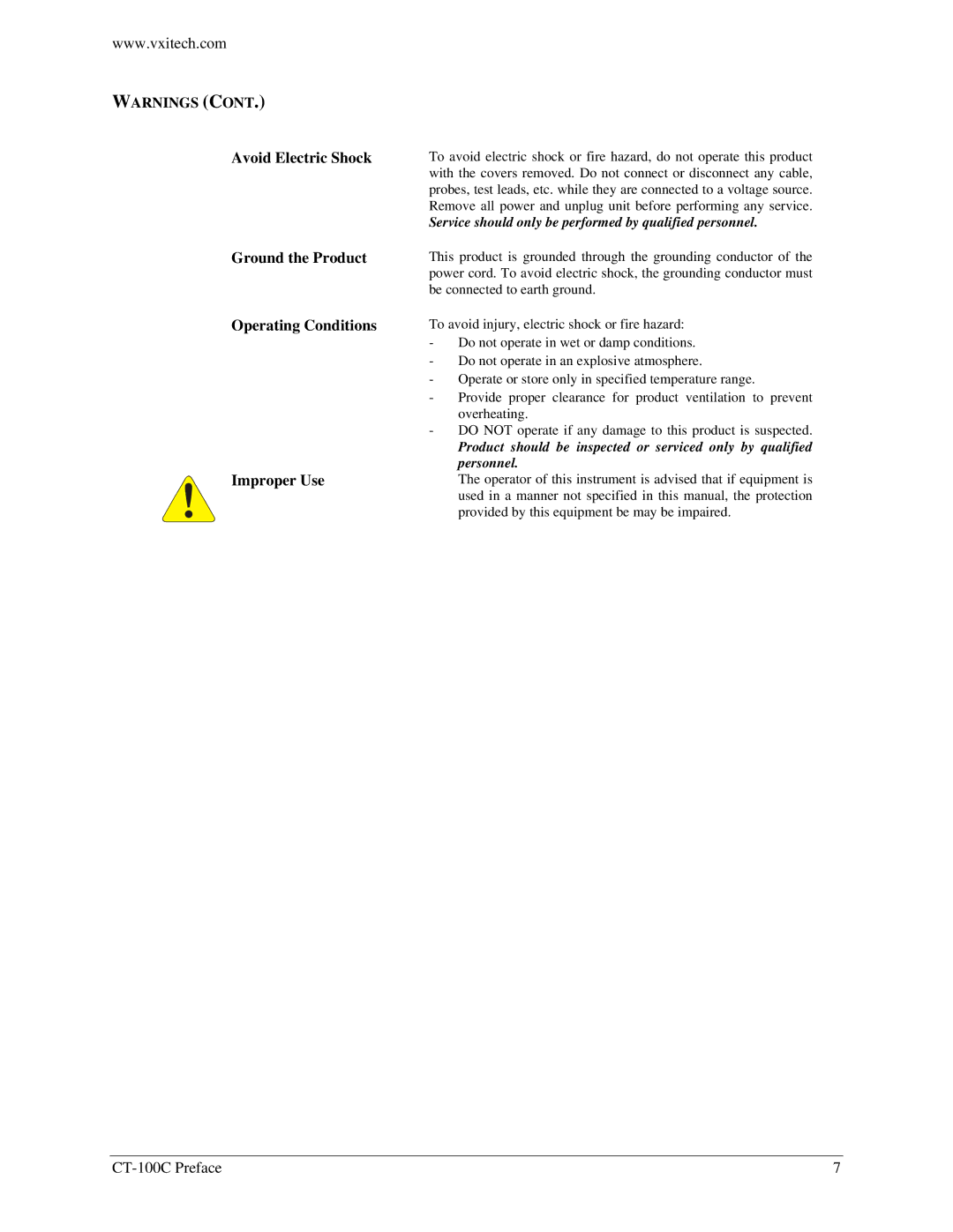 VXI CT-100C Series Six-Slot VXIBus Chassis, 82-0102-000 user manual Avoid Electric Shock 