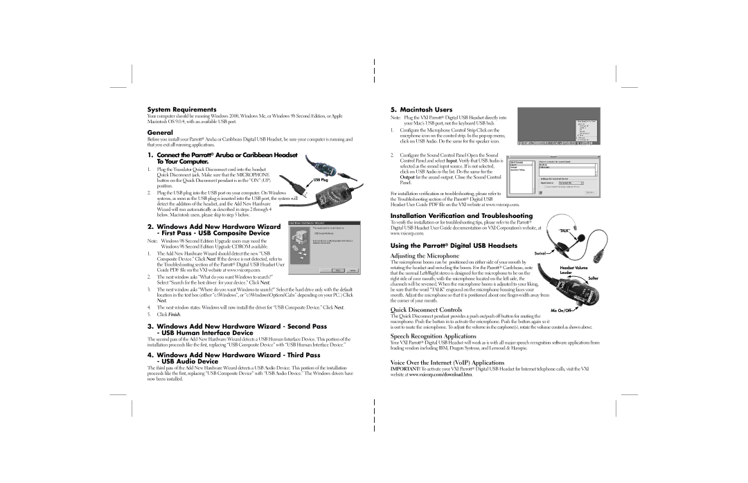 VXI Aruba System Requirements, General, Windows Add New Hardware Wizard Third Pass USB Audio Device, Macintosh Users 