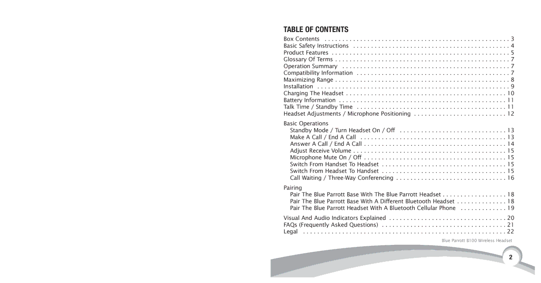 VXI B100 manual Table of Contents 