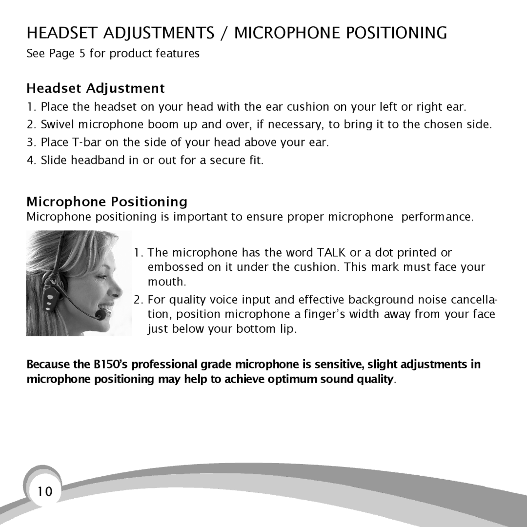 VXI B150-GTX manual Headset Adjustments / Microphone Positioning 