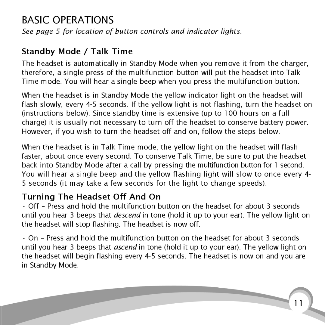 VXI B150-GTX manual Basic Operations, Standby Mode / Talk Time, Turning The Headset Off And On 