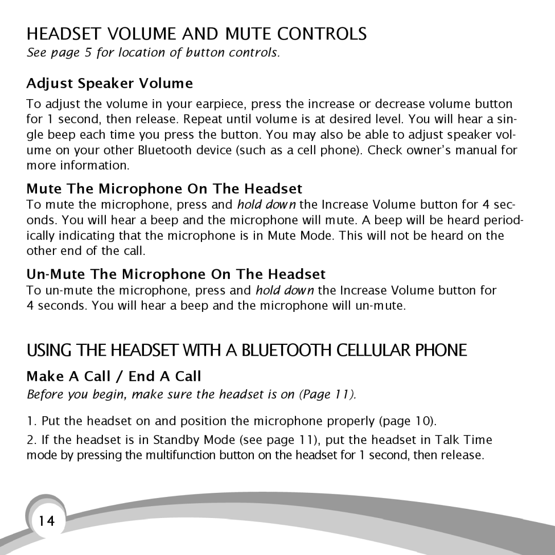 VXI B150-GTX Headset Volume and Mute Controls, Using the Headset with a Bluetooth Cellular Phone, Make a Call / End a Call 