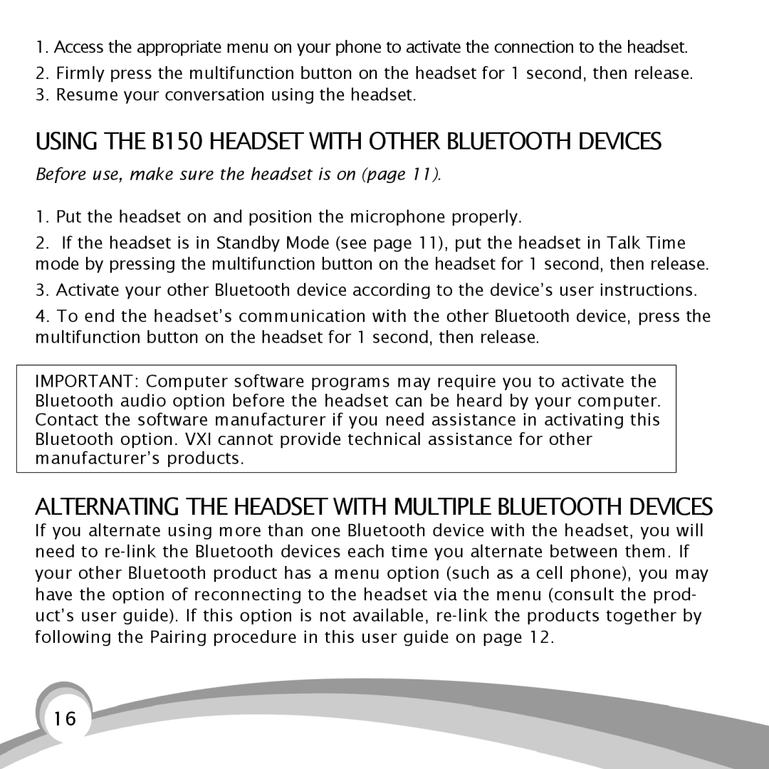 VXI B150-GTX manual Using the B150 Headset with Other Bluetooth Devices 