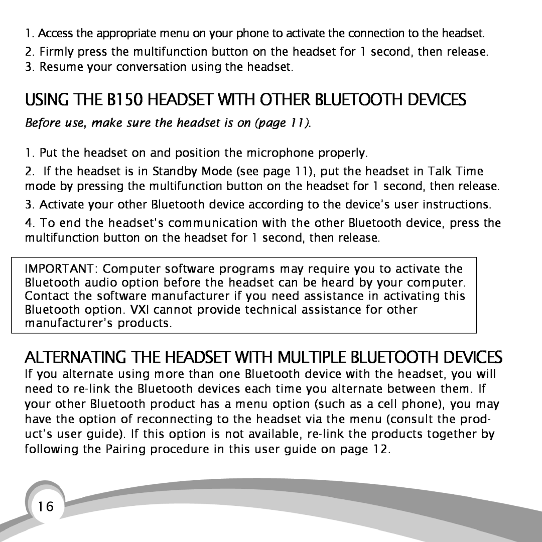 VXI B150-GTX manual Resume your conversation using the headset 