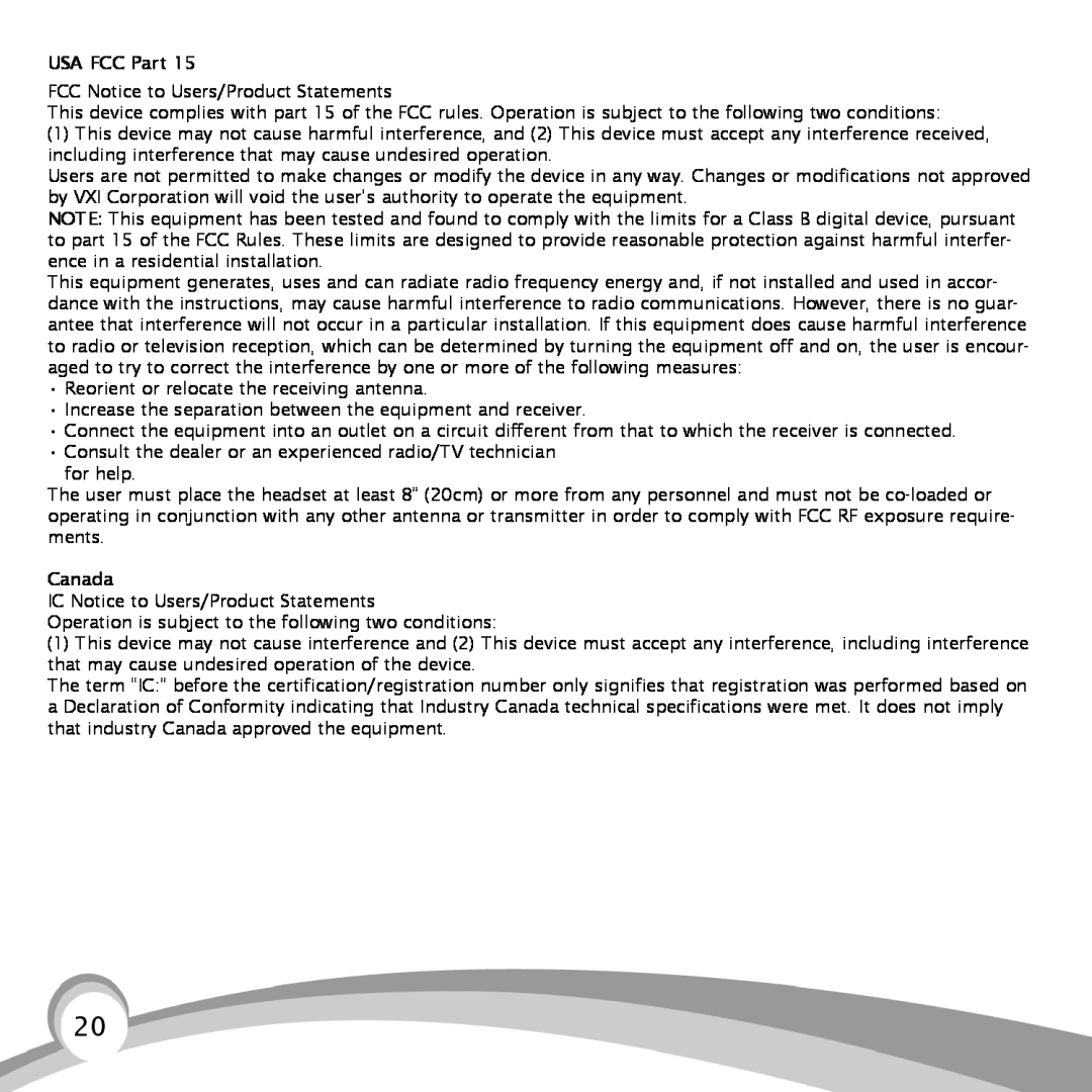 VXI B150-GTX manual USA FCC Part, Canada 