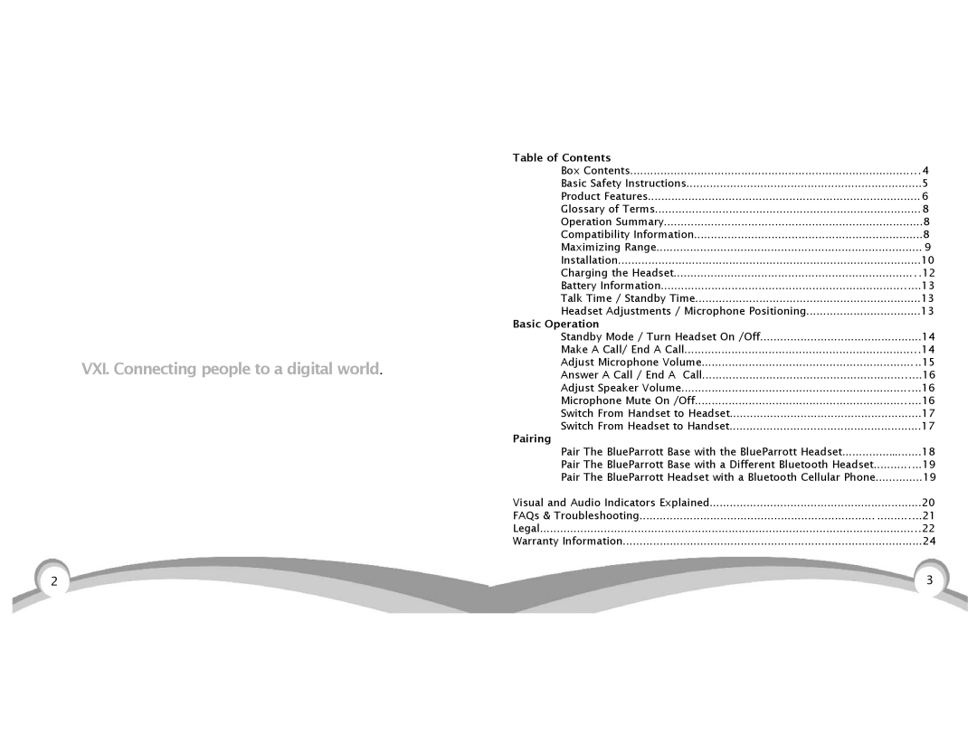 VXI B200 manual Table of Contents, Basic Operation, Pairing 