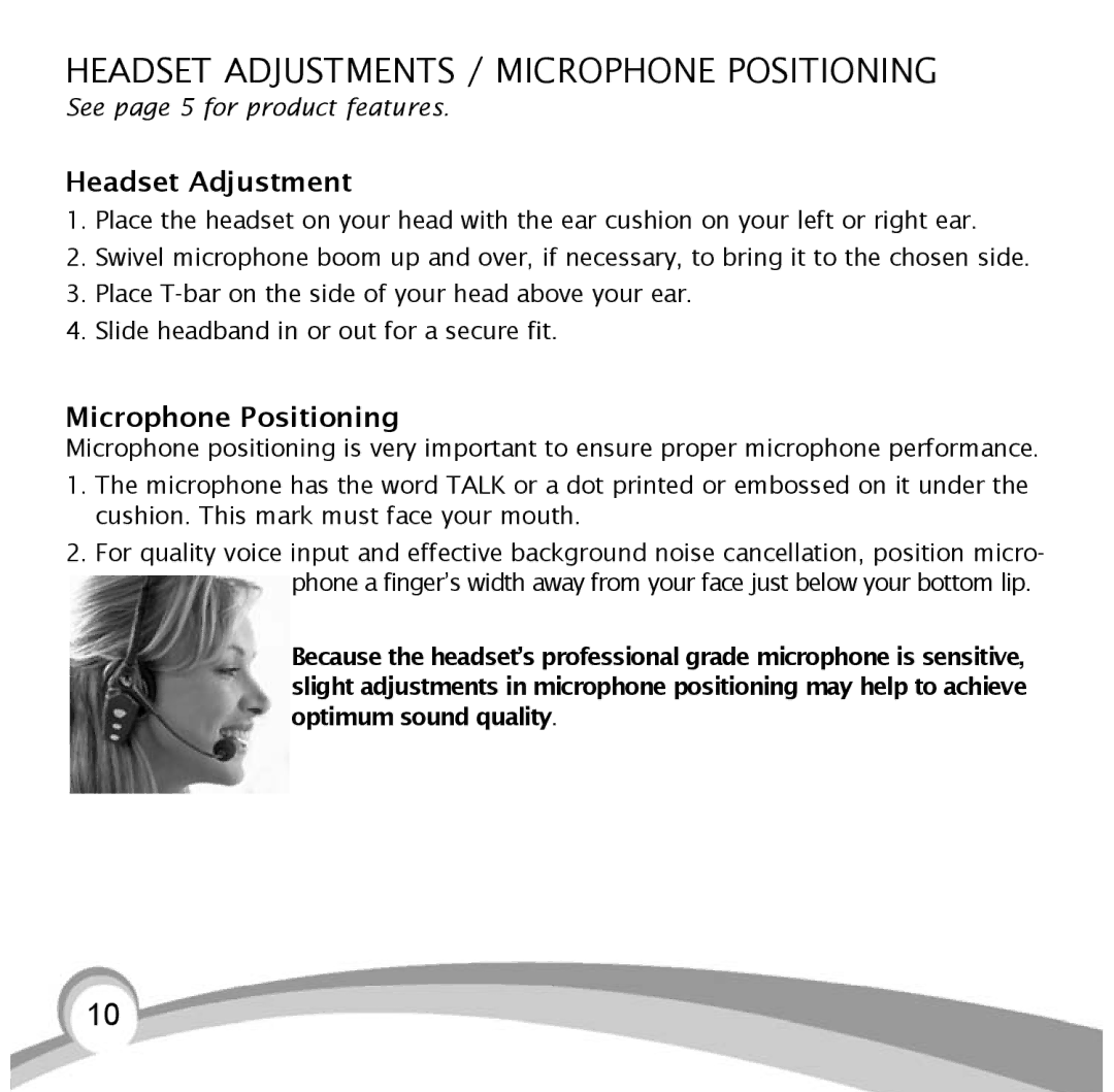 VXI B10-GTX, BlueParrott B10 manual Headset Adjustments / Microphone Positioning, See page 5 for product features 