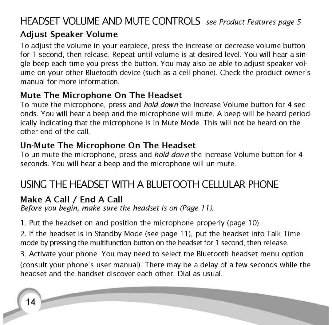 VXI B10 manual Using the Headset with a Bluetooth Cellular Phone, Adjust Speaker Volume Mute The Microphone On The Headset 