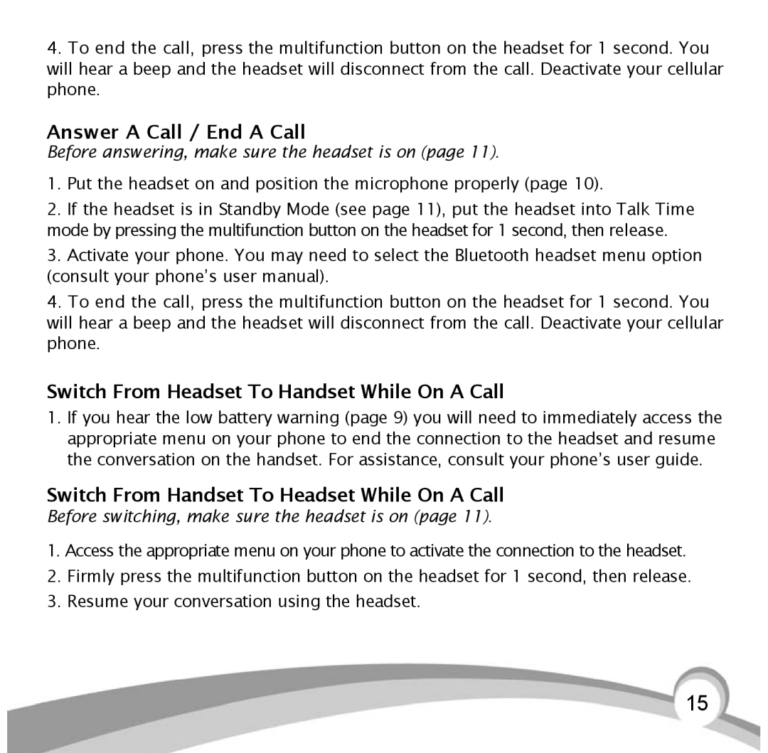 VXI BlueParrott B10, B10-GTX manual Answer a Call / End a Call, Switch From Headset To Handset While On a Call 