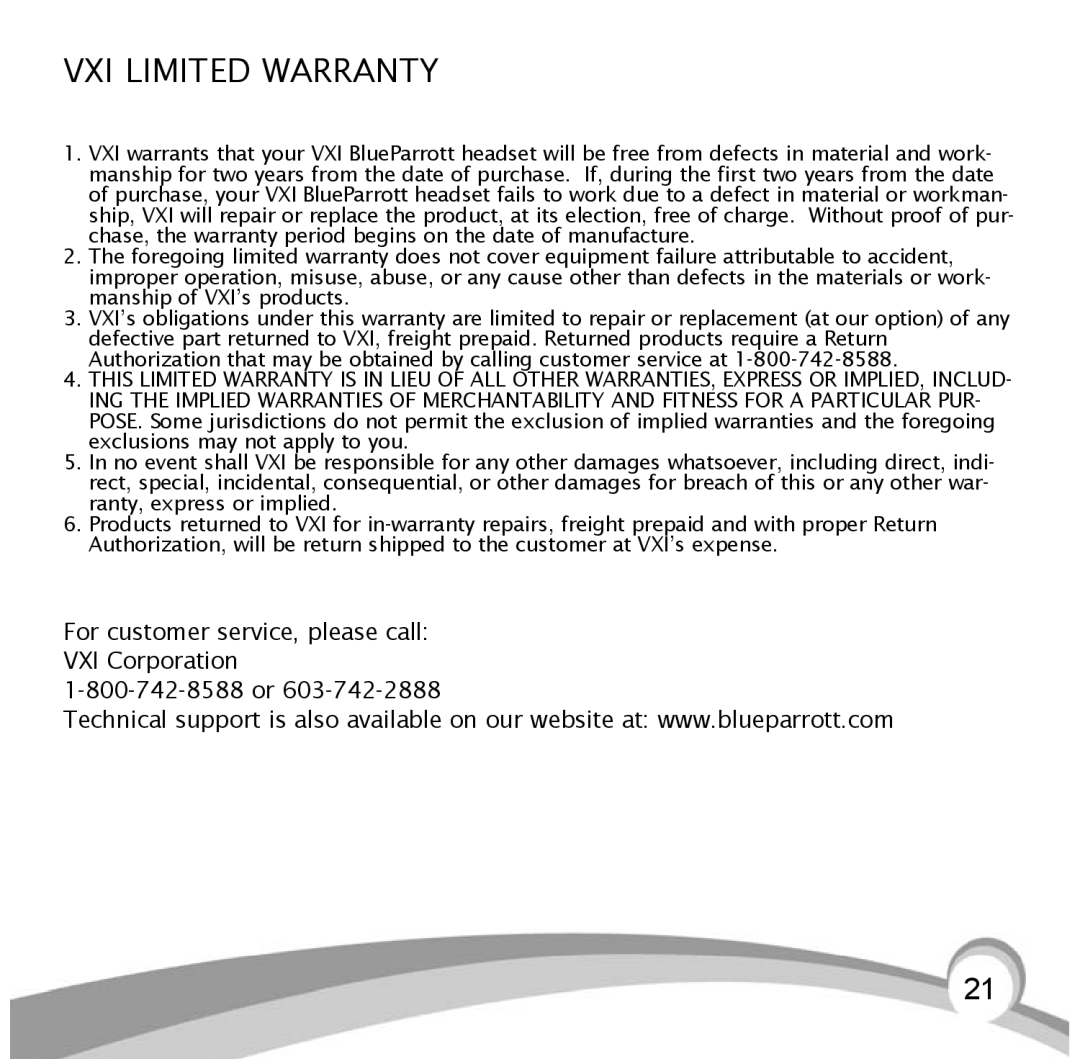 VXI BlueParrott B10, B10-GTX manual VXI Limited Warranty 