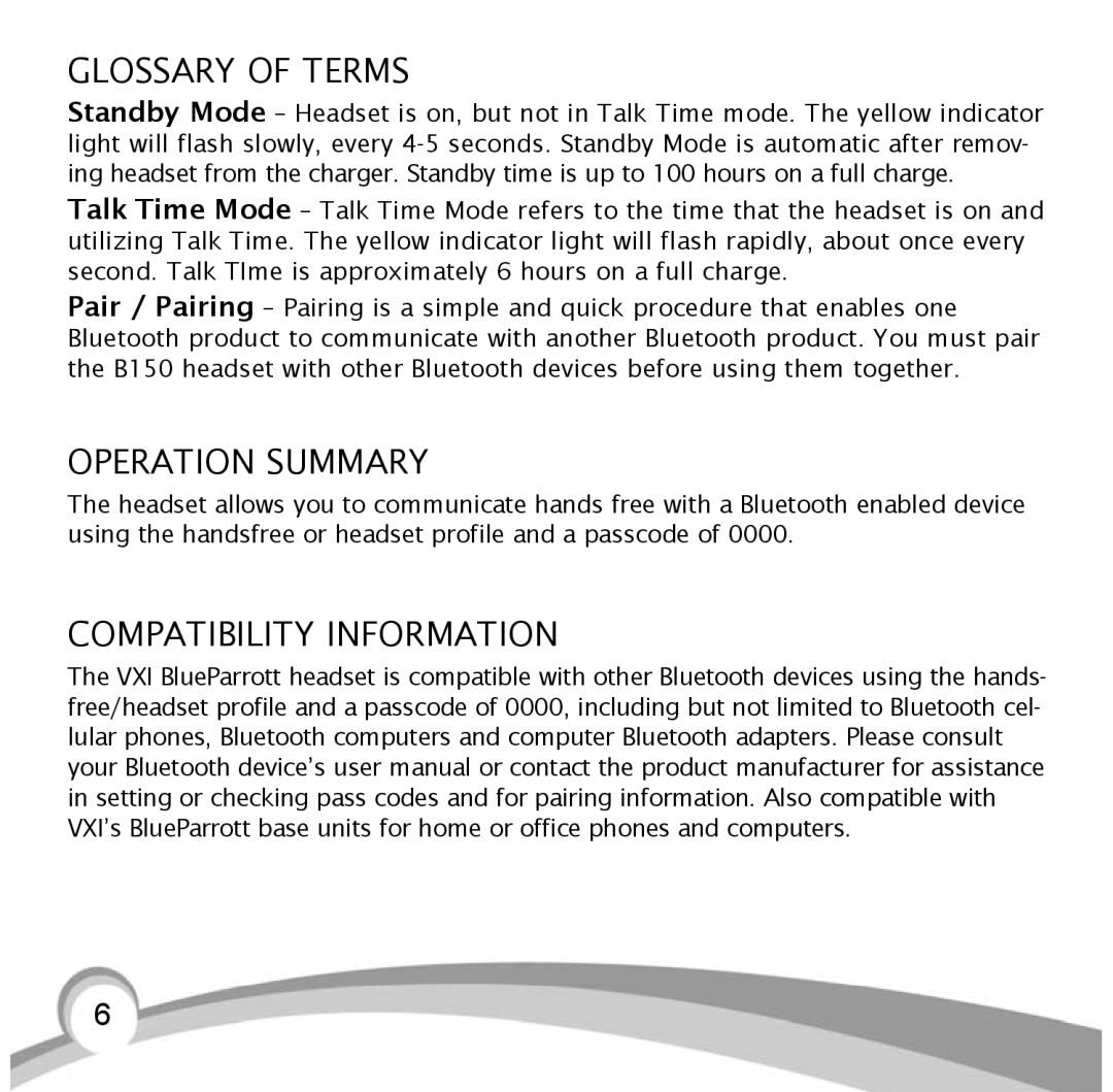 VXI BlueParrott B10, B10-GTX manual Glossary of Terms, Operation Summary, Compatibility Information 