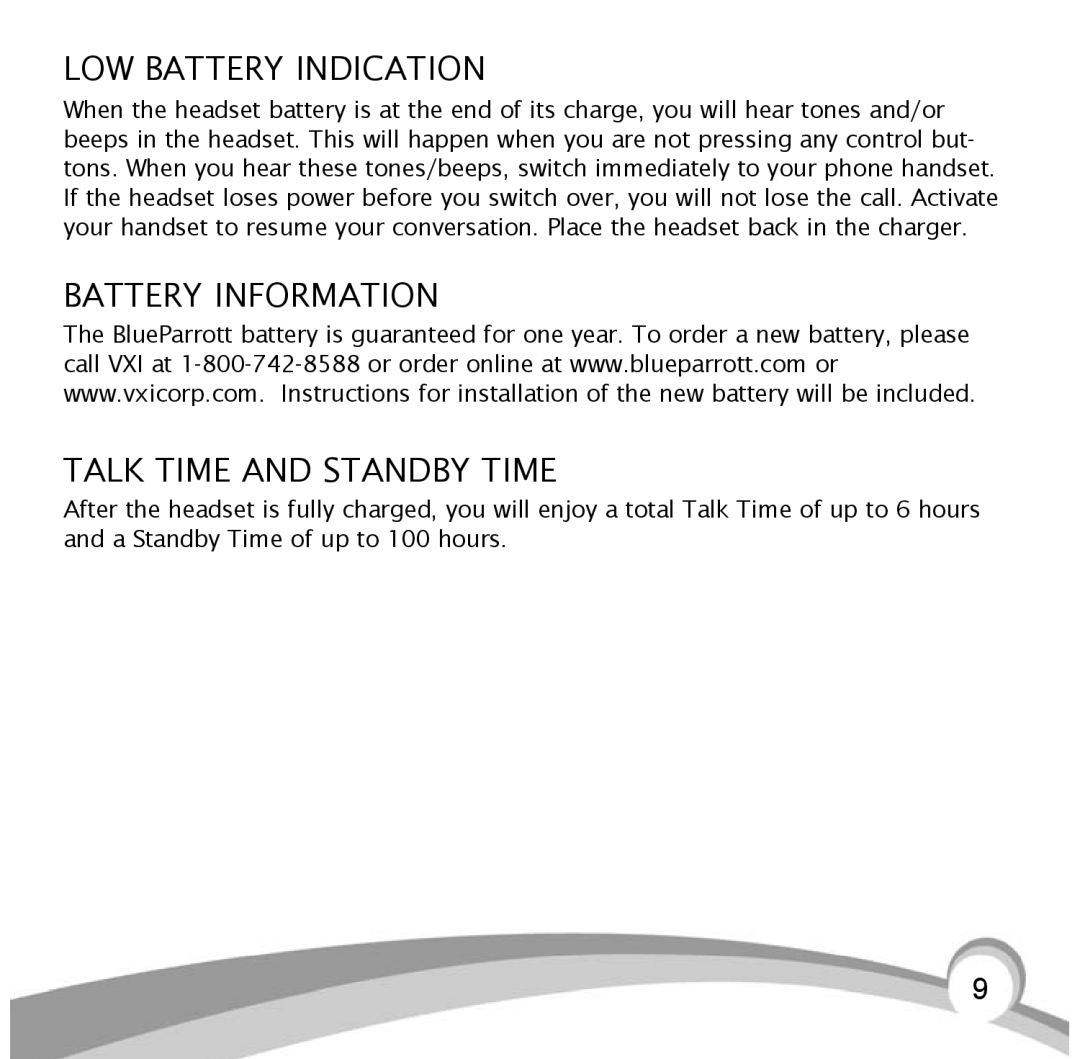 VXI BlueParrott B10, B10-GTX manual LOW Battery Indication, Battery Information Talk Time and Standby Time 