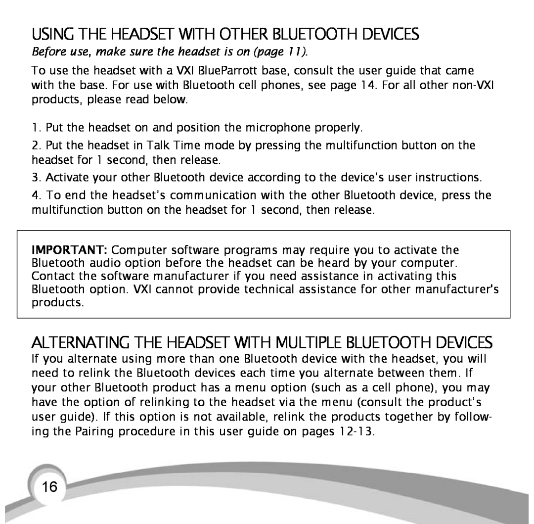 VXI B10-GTX, BlueParrott B10 Using The Headset With Other Bluetooth Devices, Before use, make sure the headset is on page 