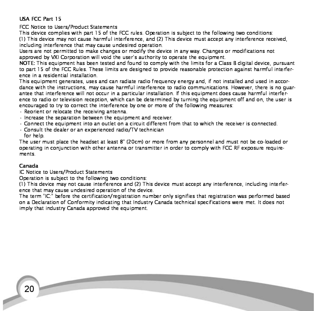 VXI BlueParrott B10, B10-GTX manual USA FCC Part, Canada 