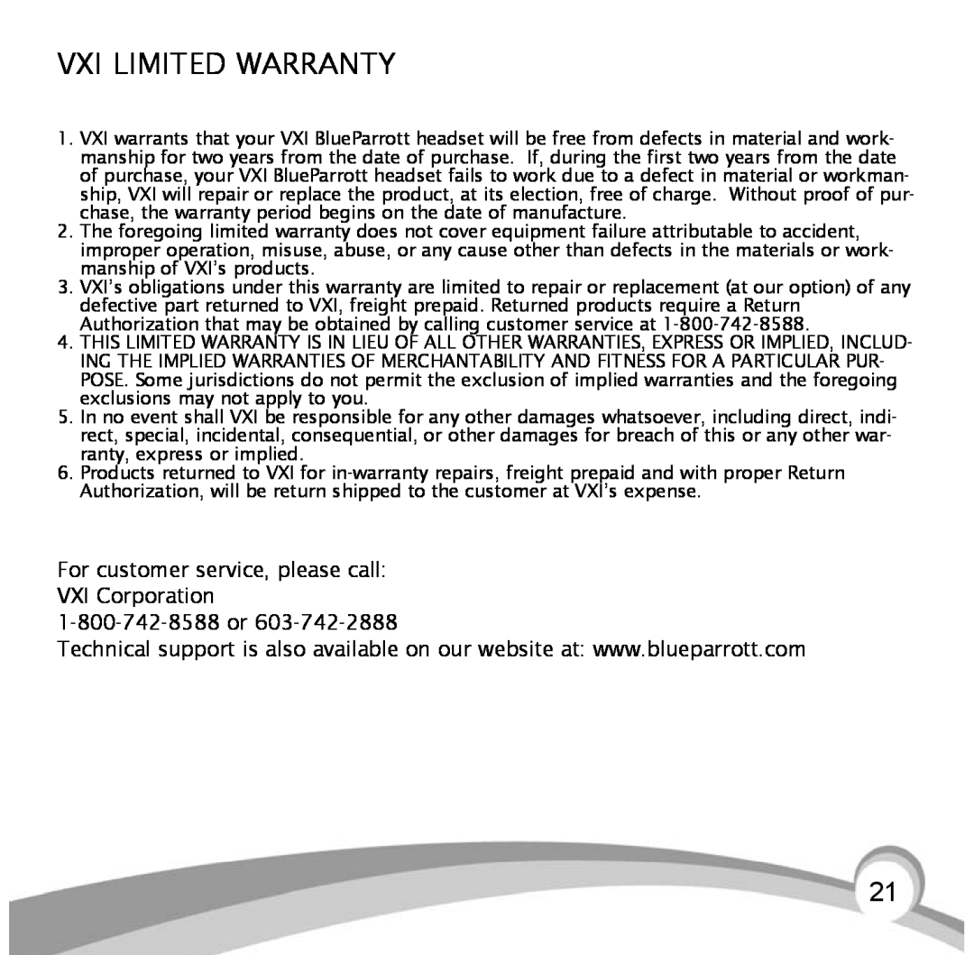 VXI BlueParrott B10, B10-GTX manual Vxi Limited Warranty 