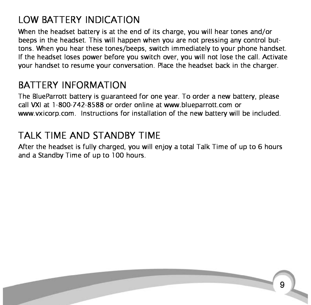 VXI BlueParrott B10, B10-GTX manual Low Battery Indication, Battery Information, Talk Time And Standby Time 