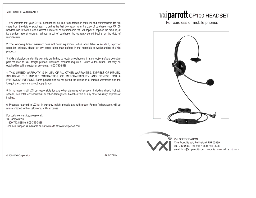 VXI warranty CP100 Headset, VXI Limited Warranty, VXI Corporation 