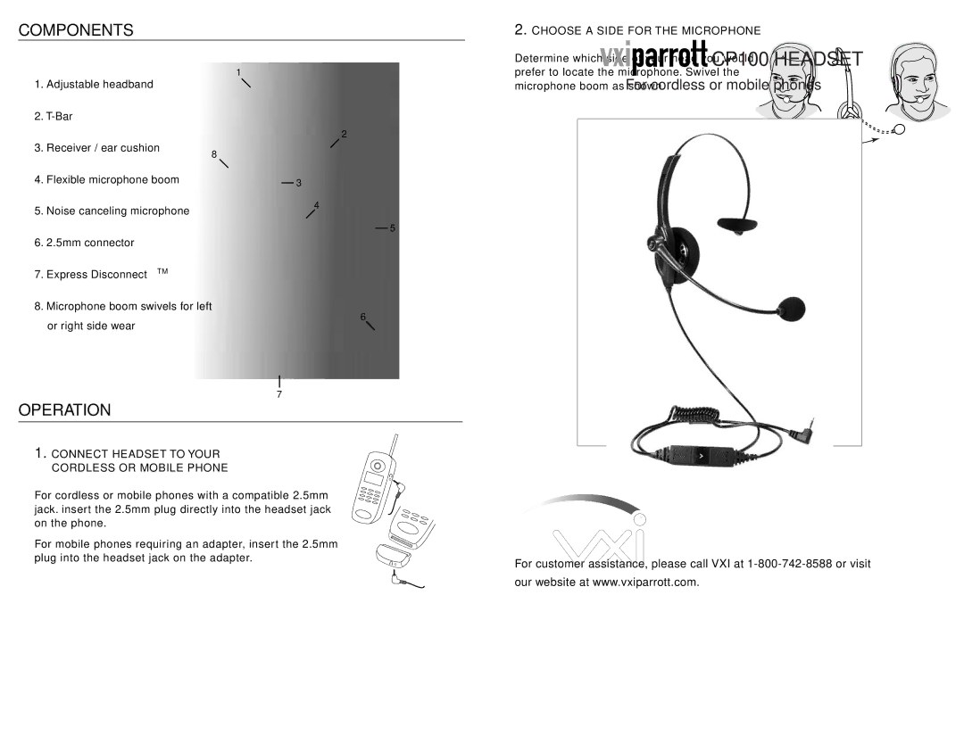 VXI CP100 warranty Components, Operation, Microphone Adjustment, Choose a Side for the Microphone 