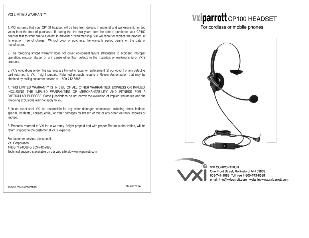 VXI warranty CP100 HEADSET, For cordless or mobile phones, Vxi Limited Warranty, Vxi Corporation 