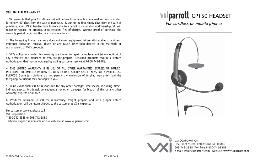 VXI warranty CP150 Headset, VXI Limited Warranty, VXI Corporation 