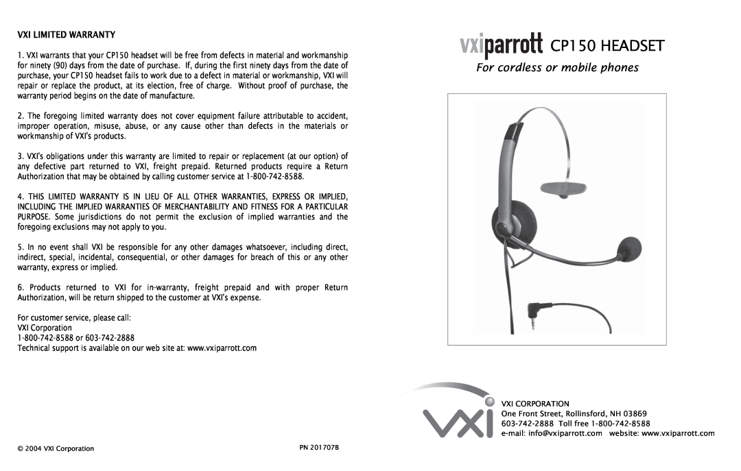 VXI warranty CP150 HEADSET, For cordless or mobile phones, Vxi Limited Warranty 