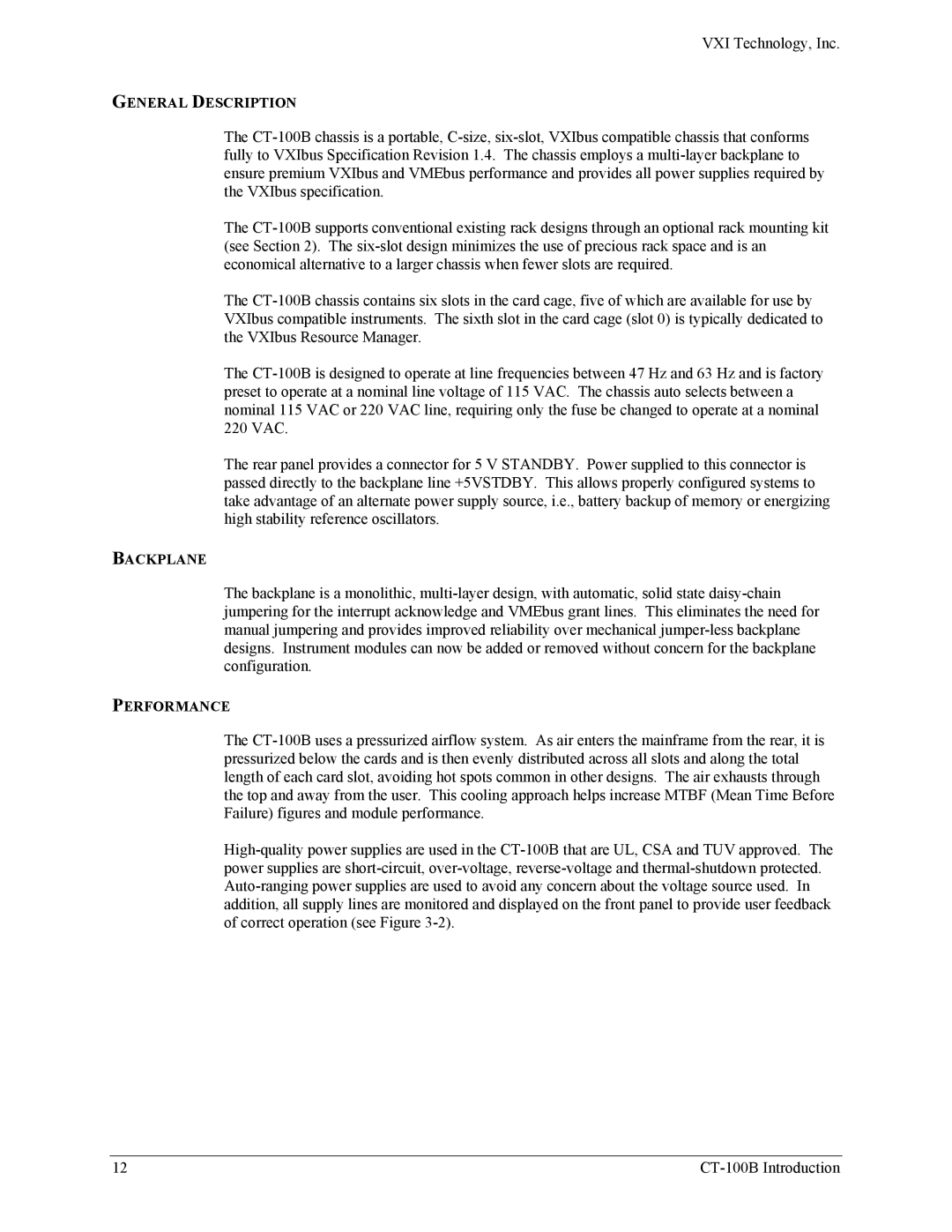 VXI CT-100B, Six-Slot VXIBus Chassis user manual General Description, Backplane, Performance 