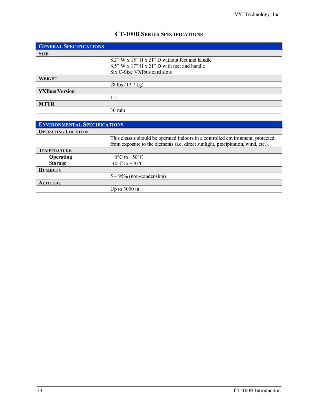 VXI Six-Slot VXIBus Chassis user manual CT-100B Series Specifications, Mttr 