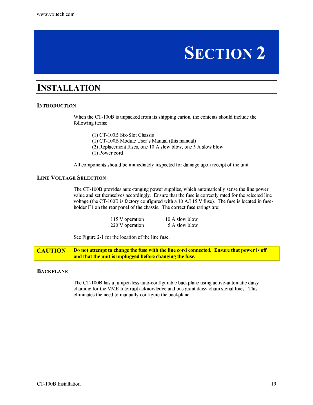 VXI Six-Slot VXIBus Chassis, CT-100B user manual Installation, Line Voltage Selection 