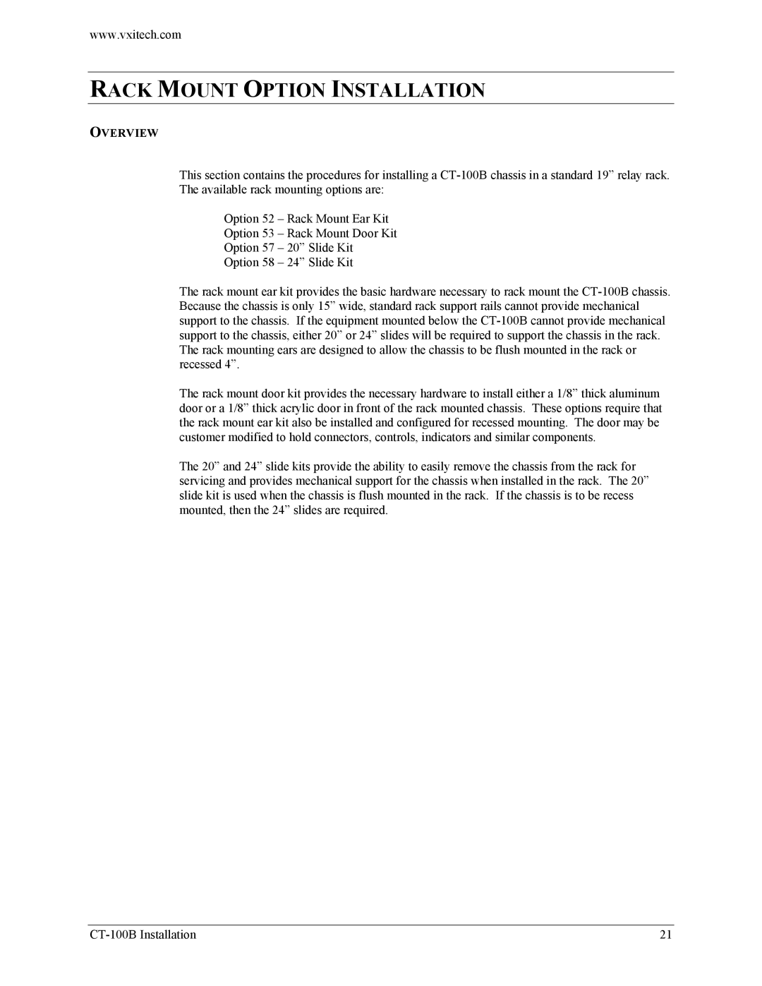 VXI Six-Slot VXIBus Chassis, CT-100B user manual Rack Mount Option Installation, Overview 