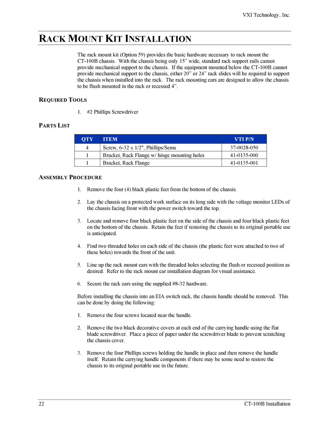 VXI CT-100B, Six-Slot VXIBus Chassis user manual Rack Mount KIT Installation, Required Tools, Parts List, Assembly Procedure 