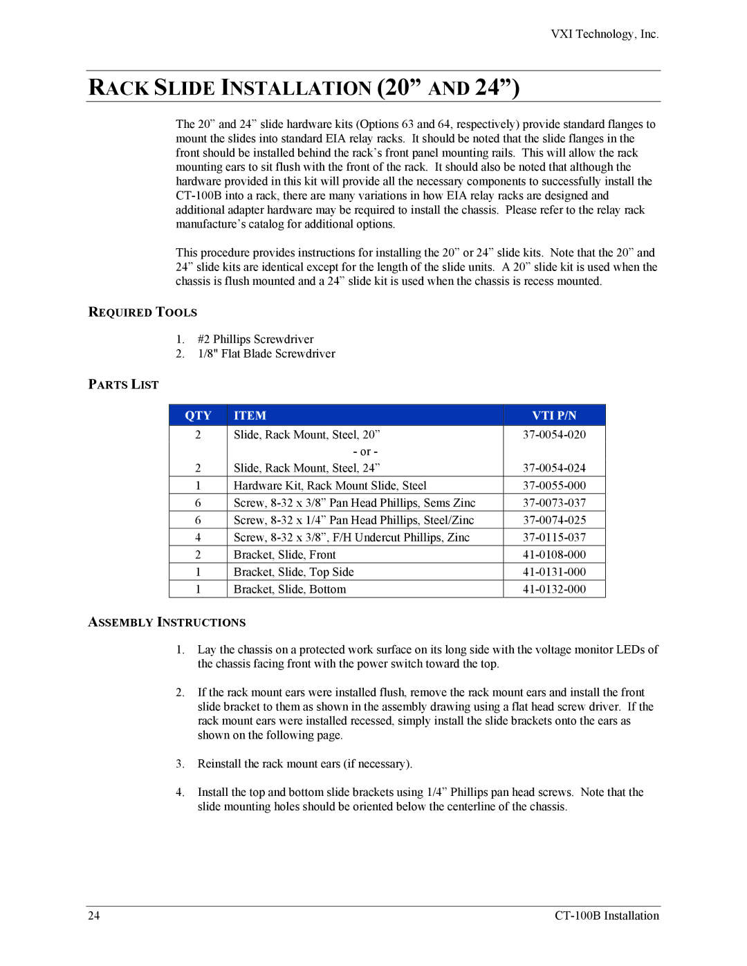 VXI CT-100B, Six-Slot VXIBus Chassis user manual Rack Slide Installation 20, Assembly Instructions 