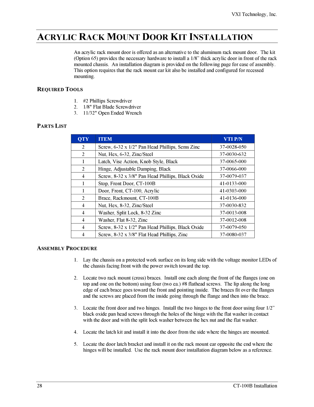 VXI CT-100B, Six-Slot VXIBus Chassis user manual Acrylic Rack Mount Door KIT Installation 