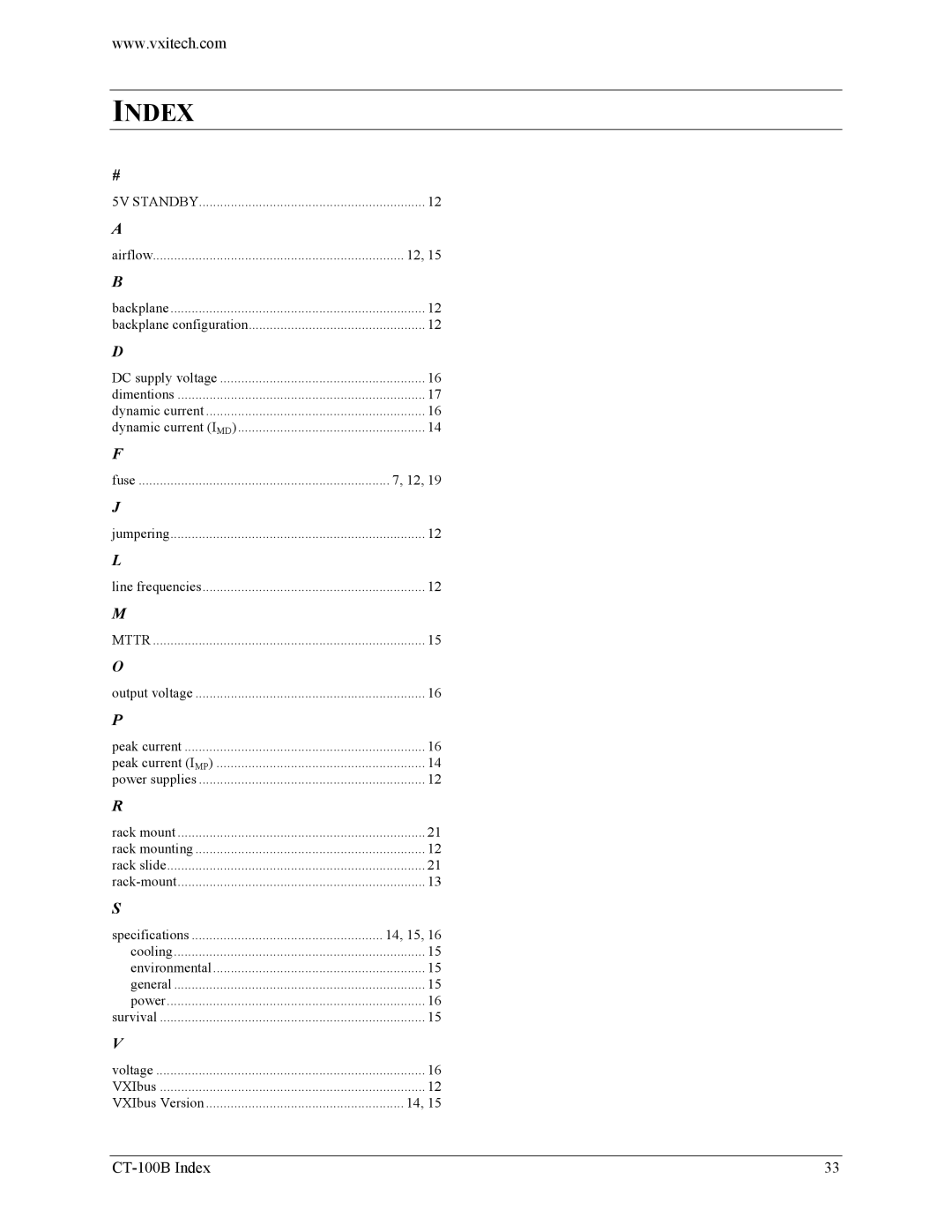 VXI Six-Slot VXIBus Chassis, CT-100B user manual Index, 5V Standby 