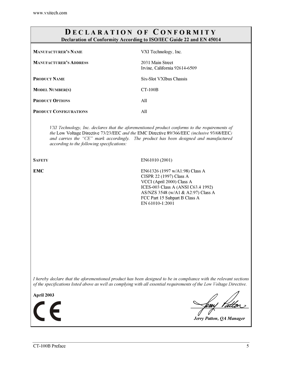 VXI Six-Slot VXIBus Chassis, CT-100B user manual C L a R a T I O N O F C O N F O R M I T Y, Emc 