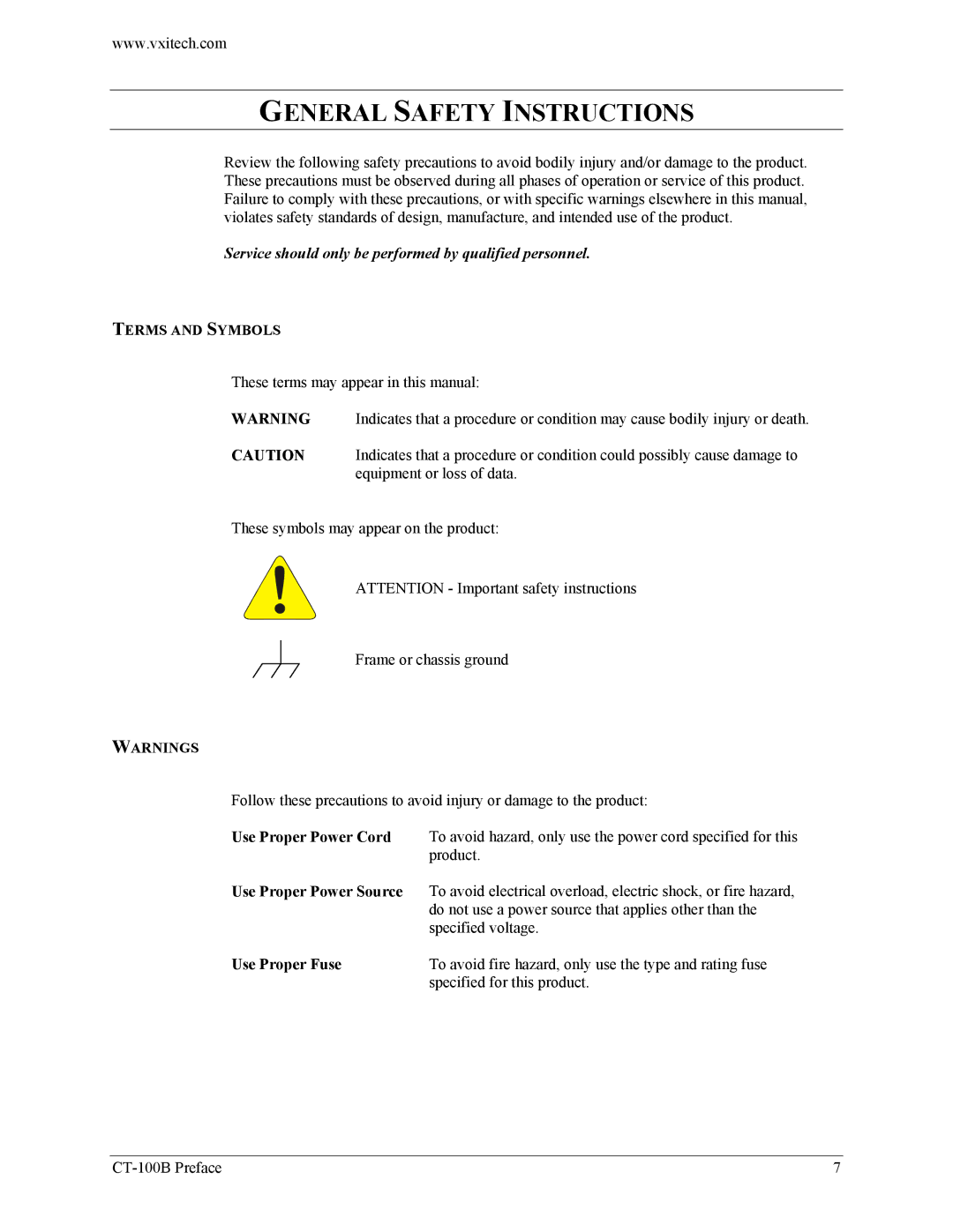 VXI Six-Slot VXIBus Chassis, CT-100B user manual General Safety Instructions, Terms and Symbols 