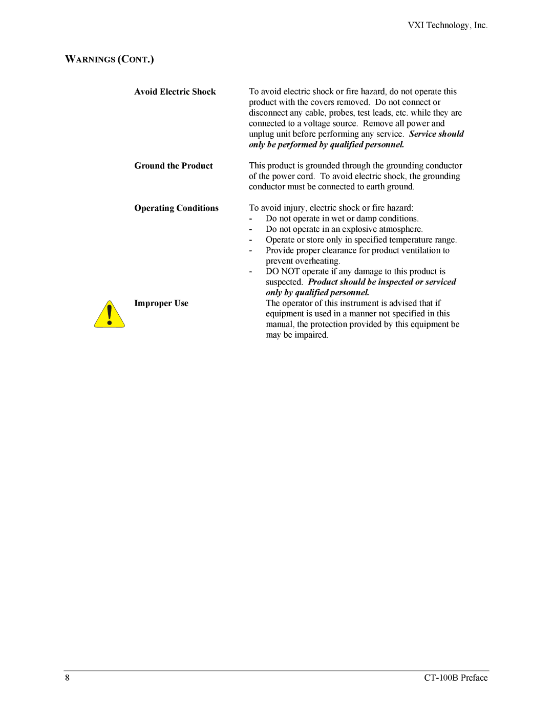 VXI CT-100B, Six-Slot VXIBus Chassis user manual Suspected. Product should be inspected or serviced 