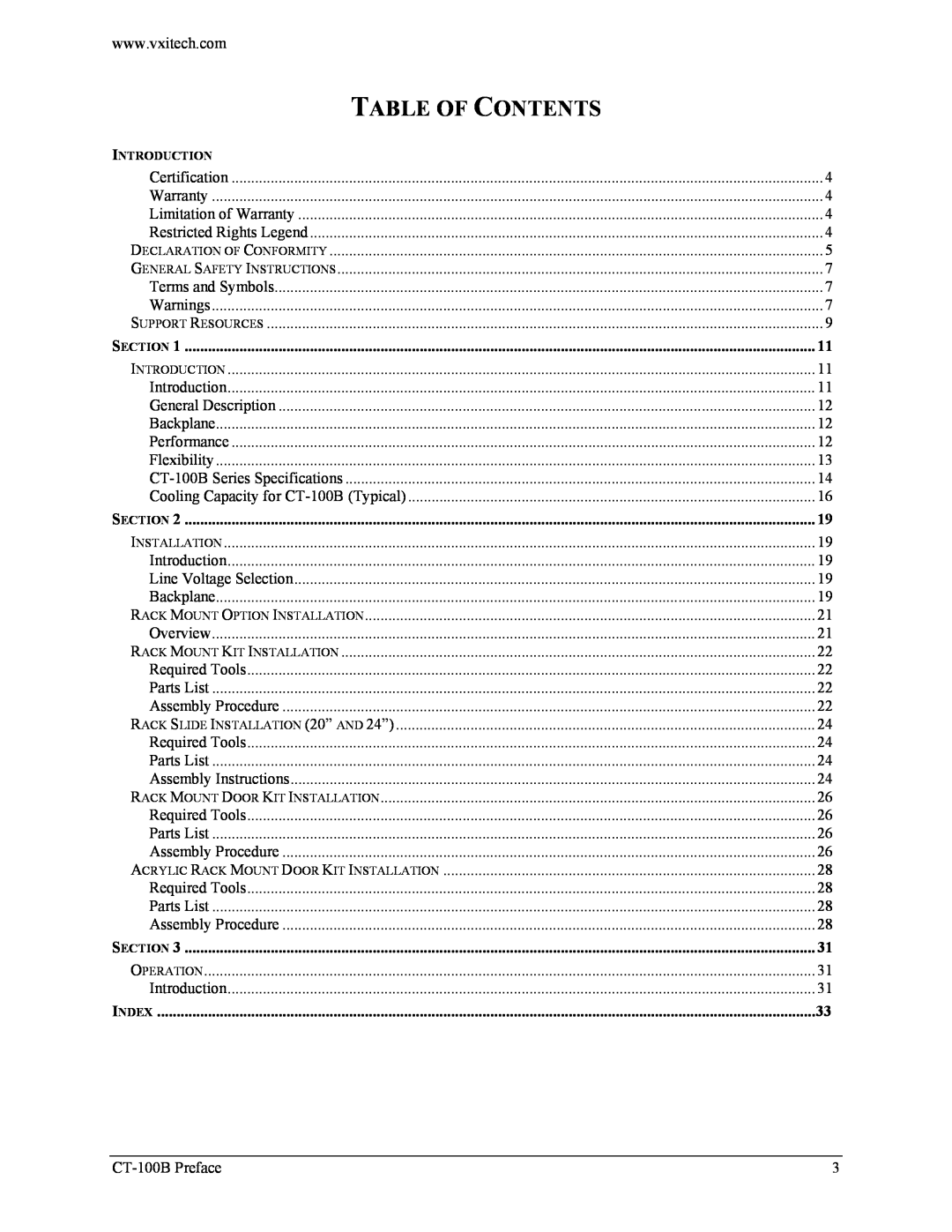 VXI Six-Slot VXIBus Chassis, CT-100B user manual Table Of Contents, Section, Index 