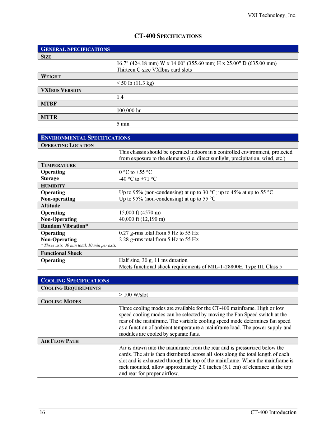 VXI user manual CT-400 Specifications, Mtbf, Mttr 